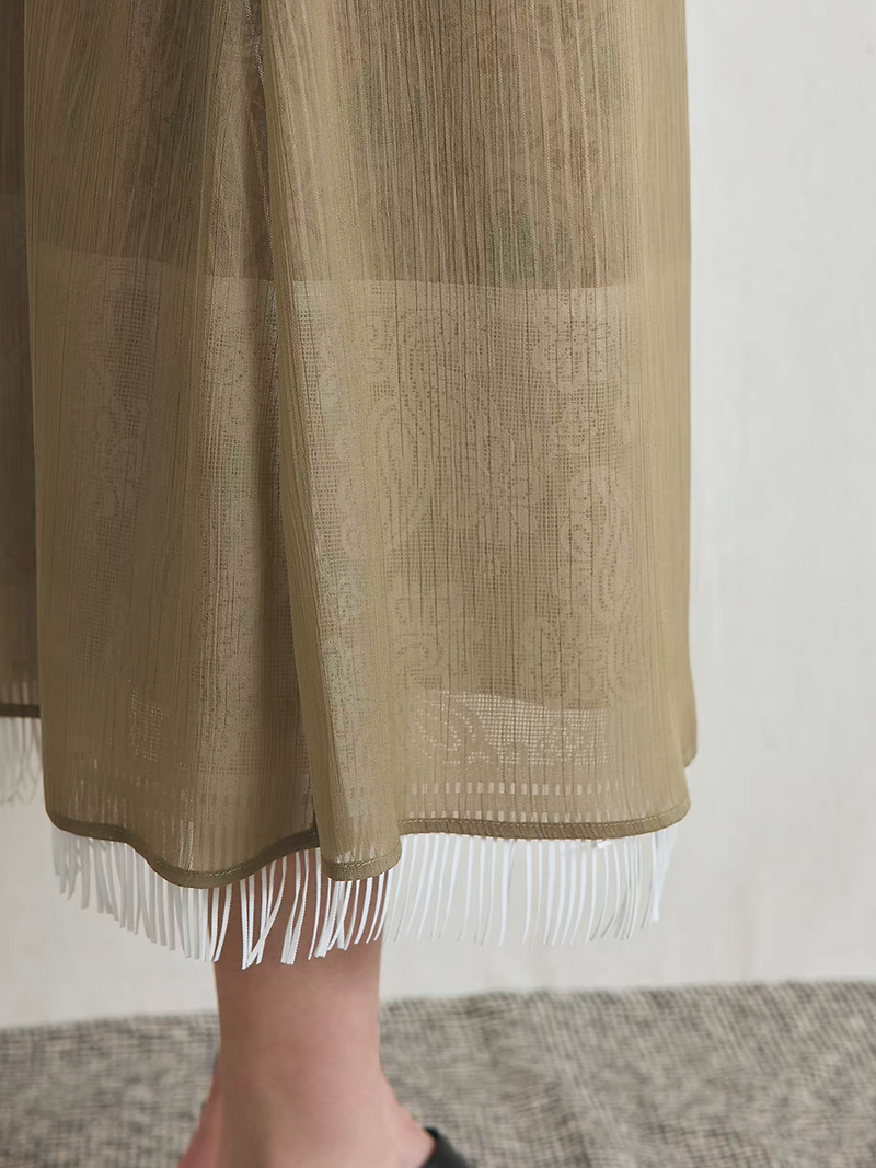 Elasticated tassels lyocell sheer layered beige khaki lace skirt 5
