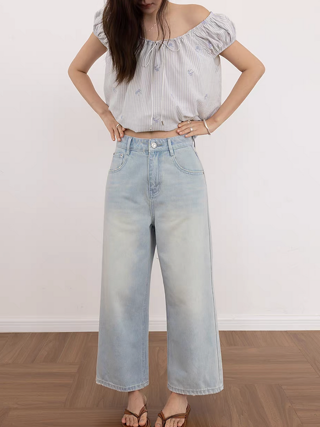 Blue white embroidered ribbons two way drawstring cotton linen blouse 10