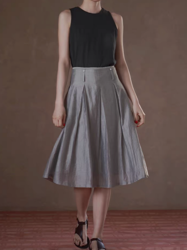 Purplish silver iridescent pleated high waisted lined A line linen poly skirt 2