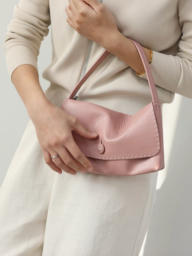 Soft calf leather stitched trim shoulder handle flap bag 11