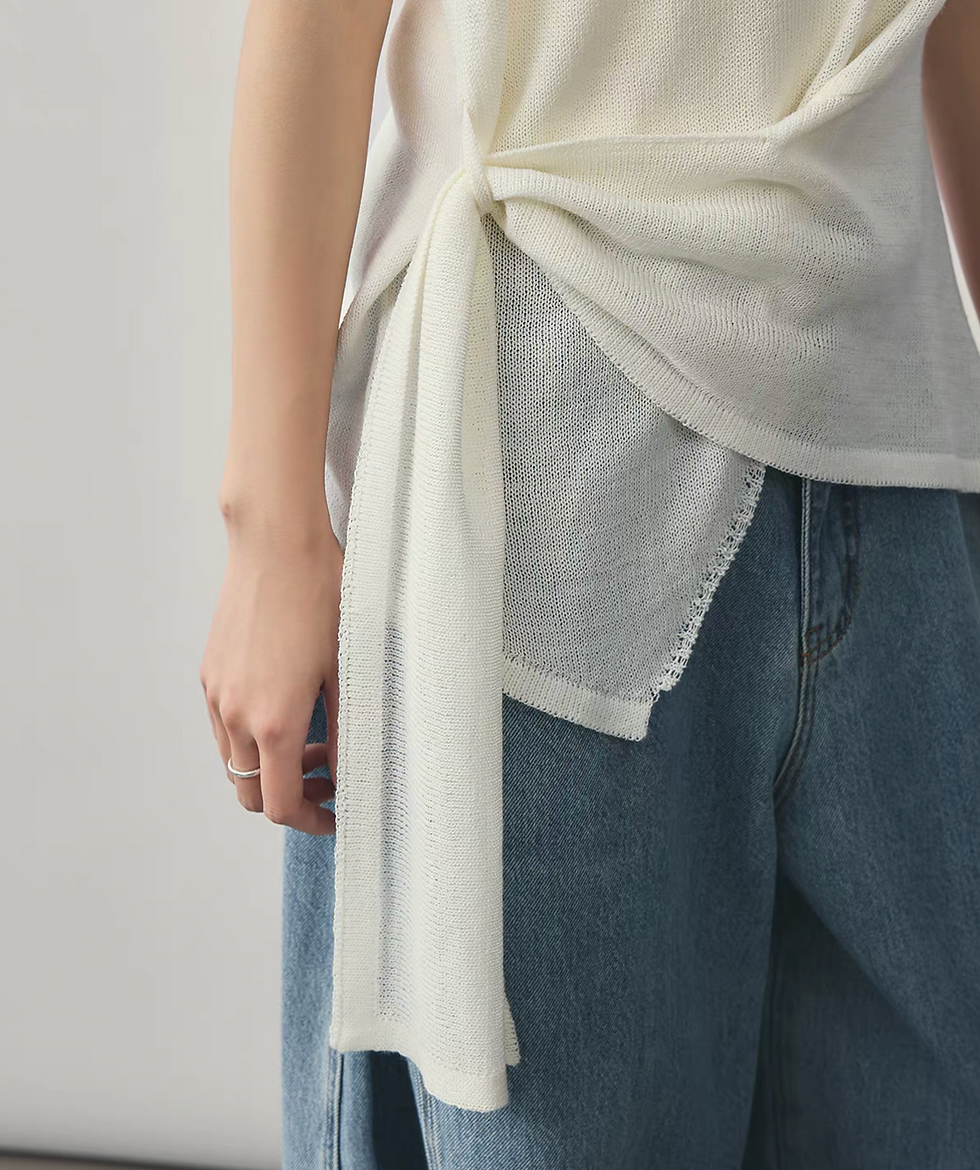 Thumbnail: Ivory wool nylon knitted V neck vest