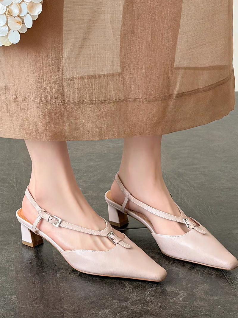Mid buckle strap lambskin sling back low heels 8
