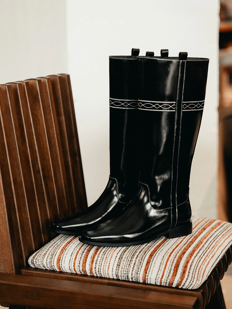Made in Italy Italian calf leather embroidered stitched knee boots 2