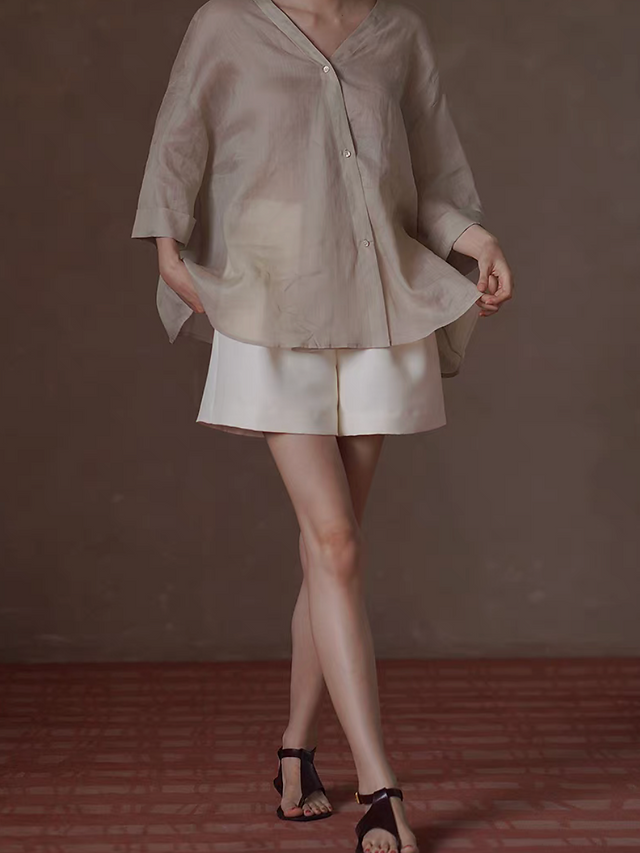 Back elasticated ivory side zipped high waisted poly rayon shorts 7