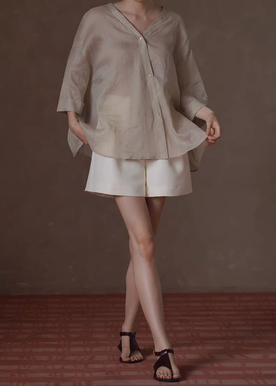 Thumbnail: Back elasticated ivory side zipped high waisted poly rayon shorts