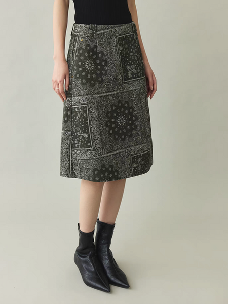 High waisted greyish green cotton denim floral patterned skirt