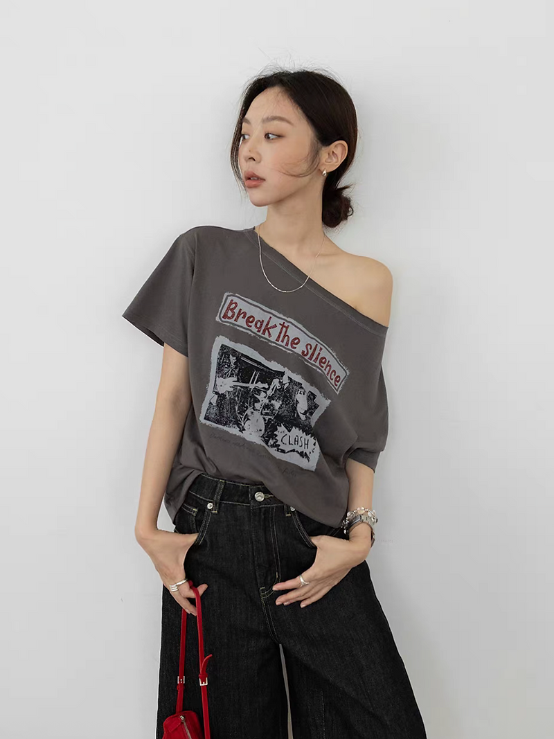 One shoulder digital print cotton rayon tee 8