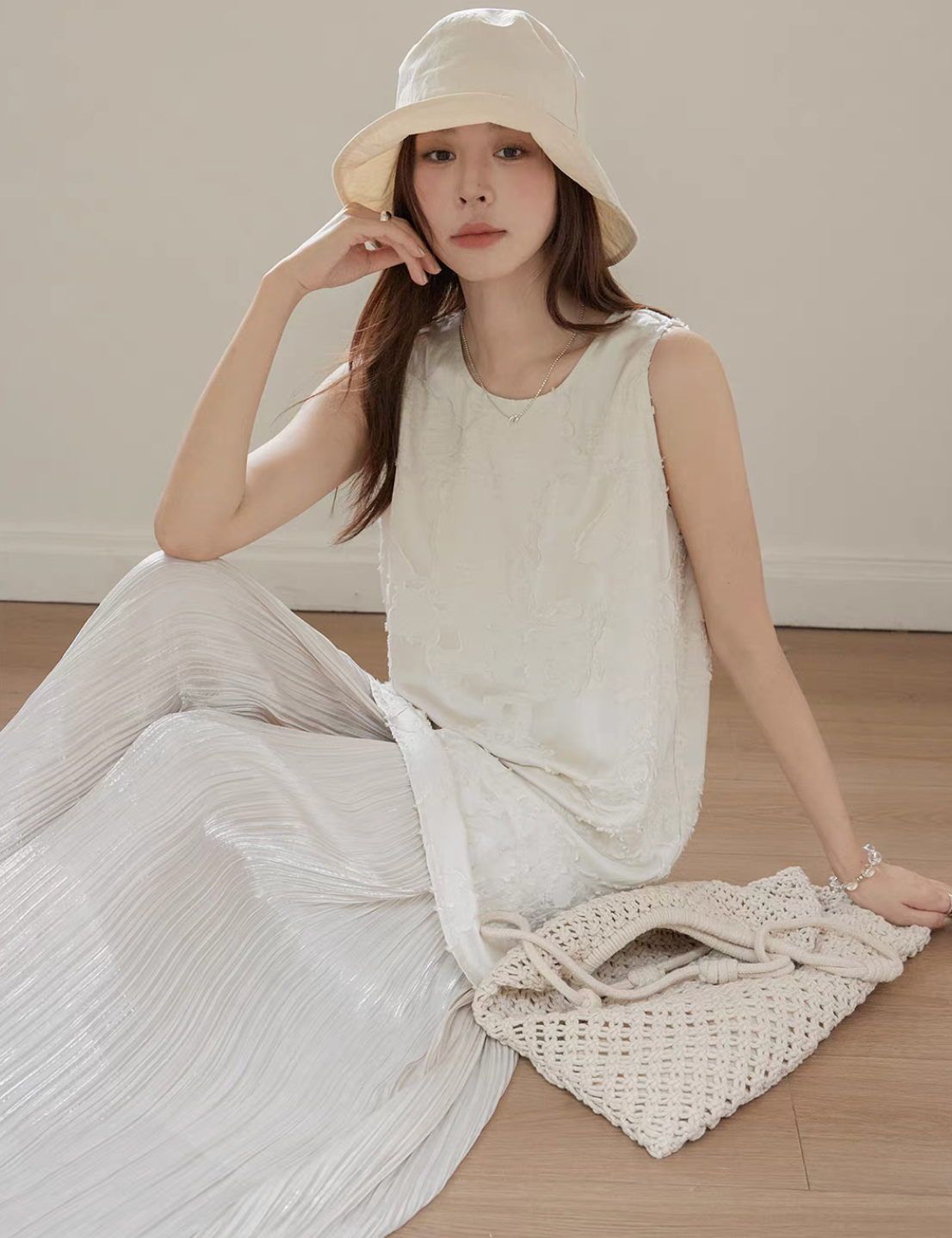 Floral embossed beige ivory docking satin pleated sleeveless dress