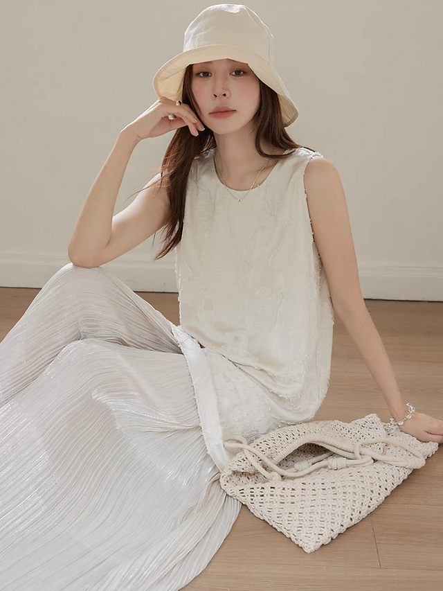 Floral embossed beige ivory docking satin pleated sleeveless dress 1