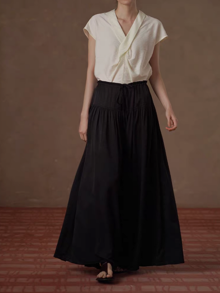 Elasticated drawstring satin wide leg black poly satin pants 7