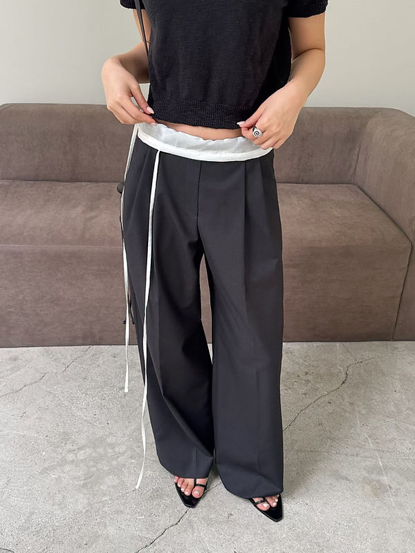 Folded waistband side drawstring cotton rayon spandex palazzo trousers