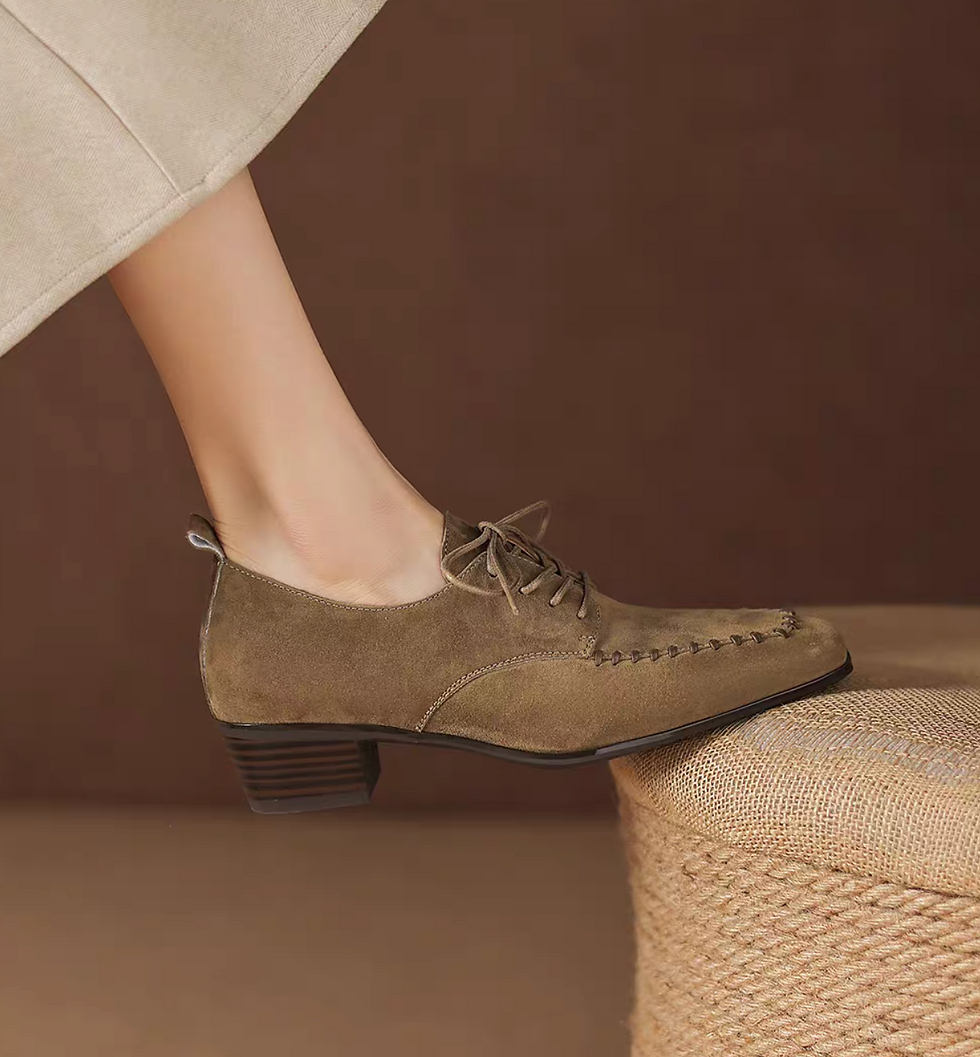 Thumbnail: Calf leather suede stitched trim lacing shoes