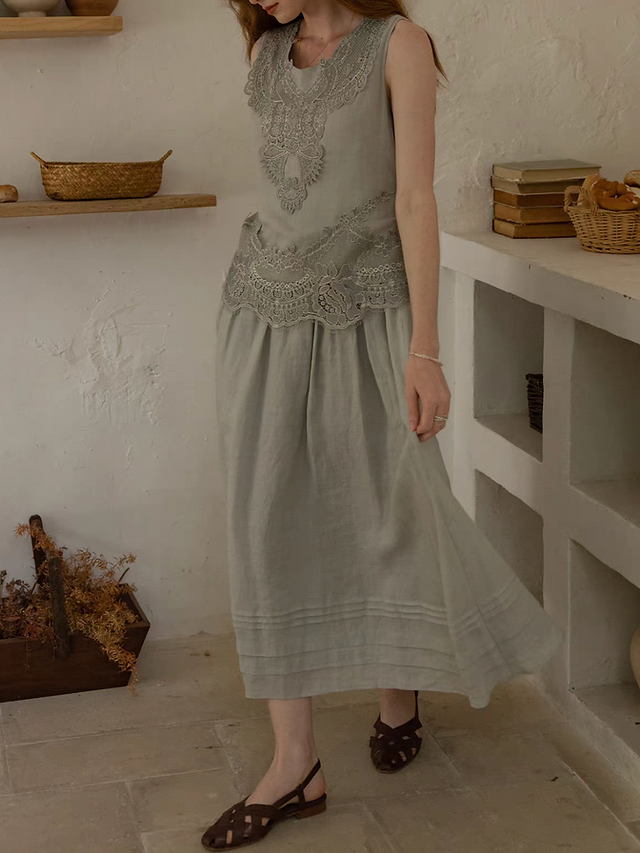 Pure linen lace crochet docking belted sleeveless maxi dress 1