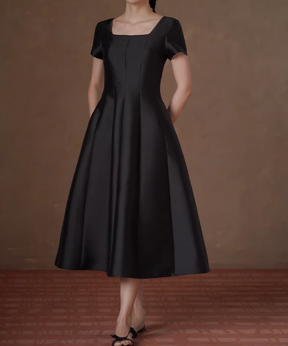 Thumbnail: Slim cut high waist contour square neck poly satin little black dress