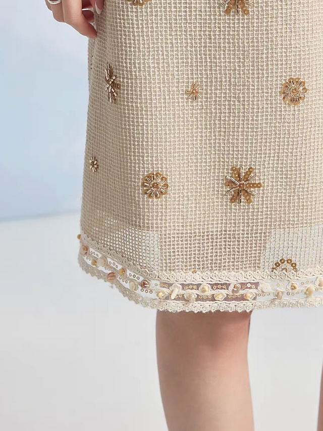 Beige cotton poly embroidered sequins beads lace trim sleeveless dress 11