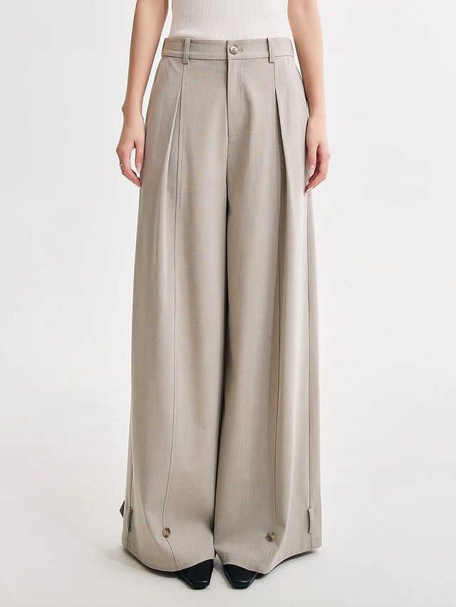Beige cotton poly wool rayon high waisted pleated back elasticated pants 1