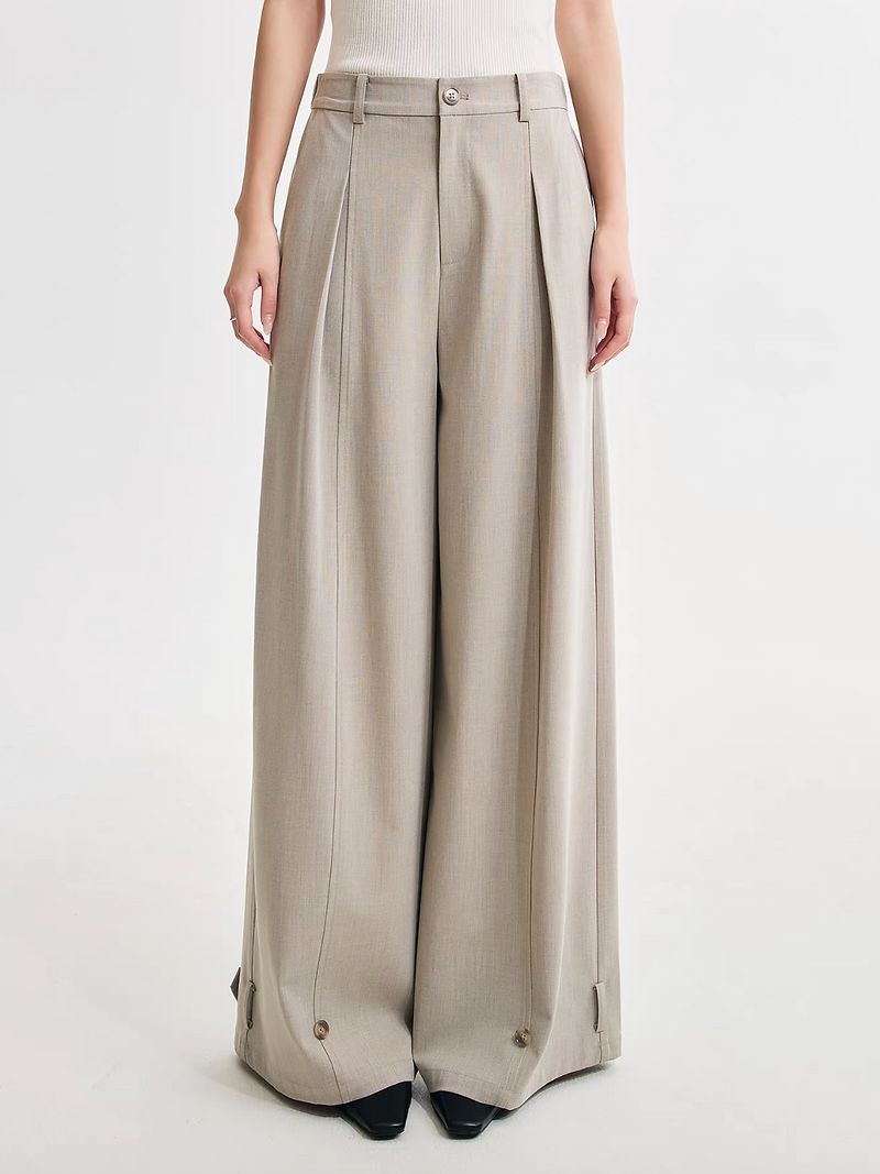 Beige cotton poly wool rayon high waisted pleated back elasticated pants 1