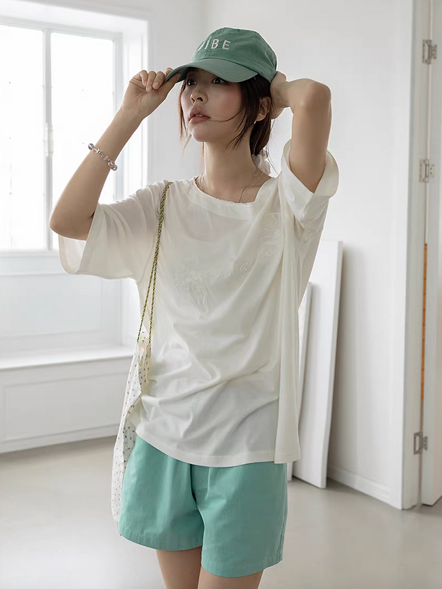 Modal cotton embroidered one shoulder relaxed tee 12