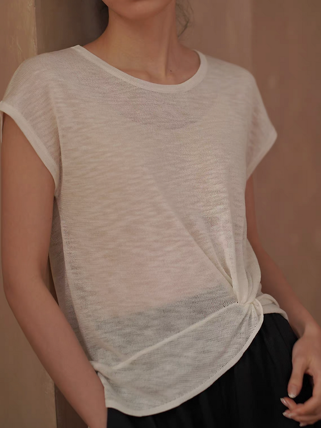 Ivory side twist knitted lyocell linen crewneck top 5