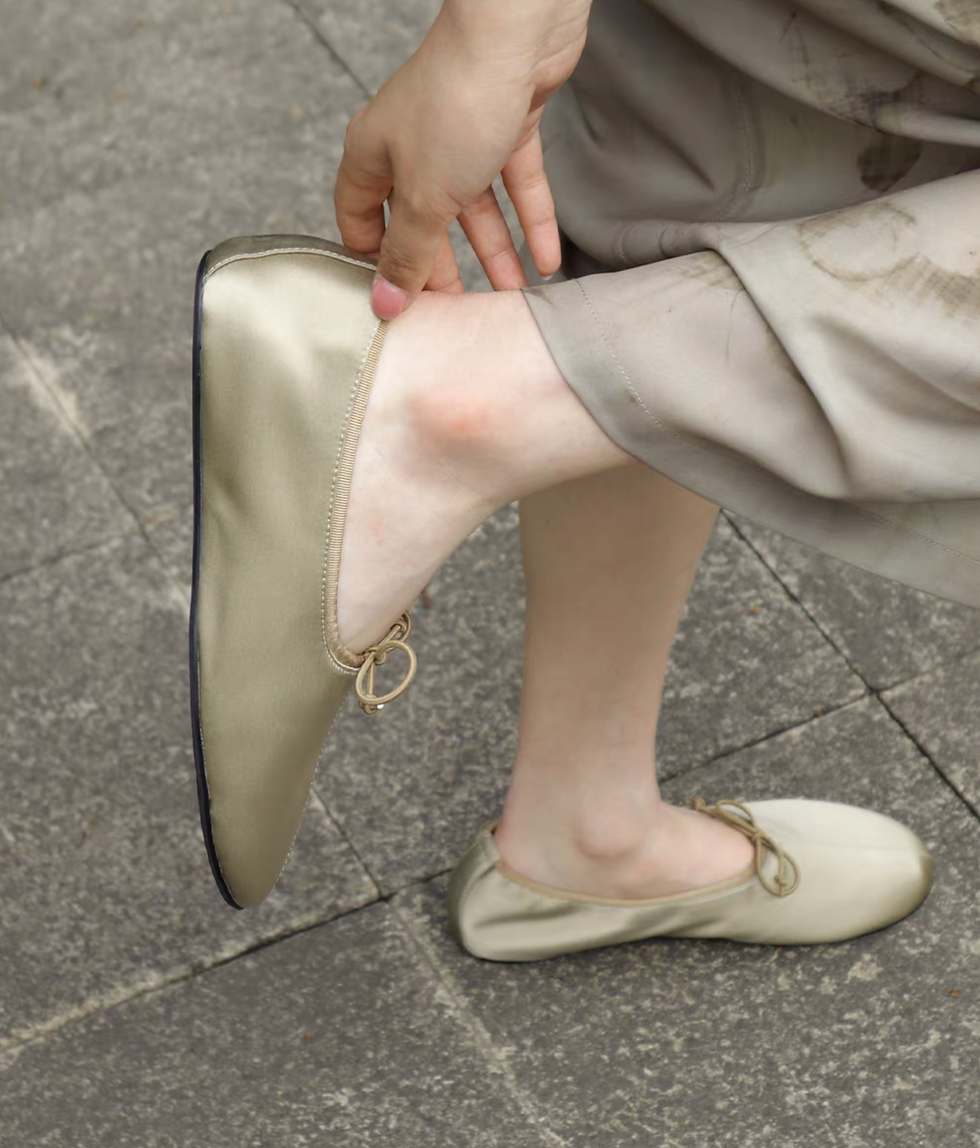 Thumbnail: Satin sheep skin sole ribbon ballerina flats
