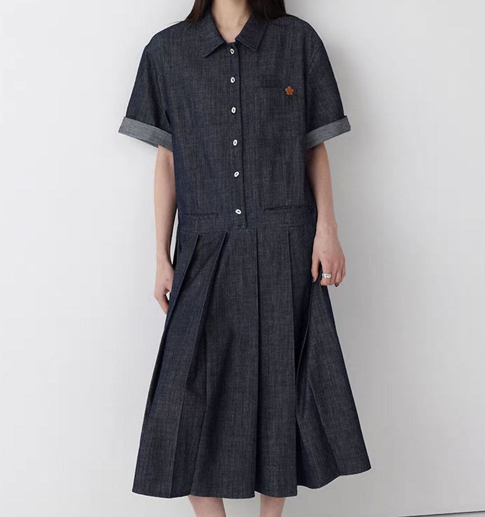 Thumbnail: Floral deco dark navy tencel denim pleated polo dress