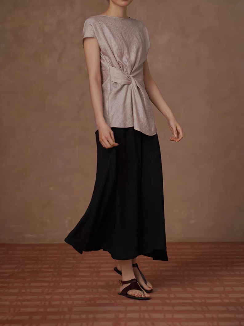 Morandi pink poly rayon embossed side twist knot mid length blouse 5