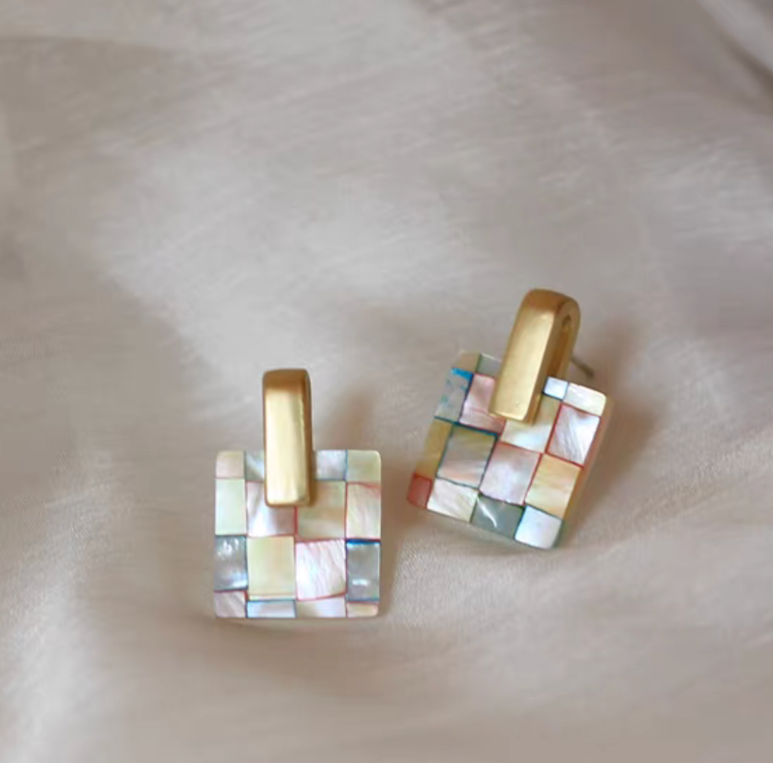 Alloy plastic pearl shell square matte finish 925 silver earrings