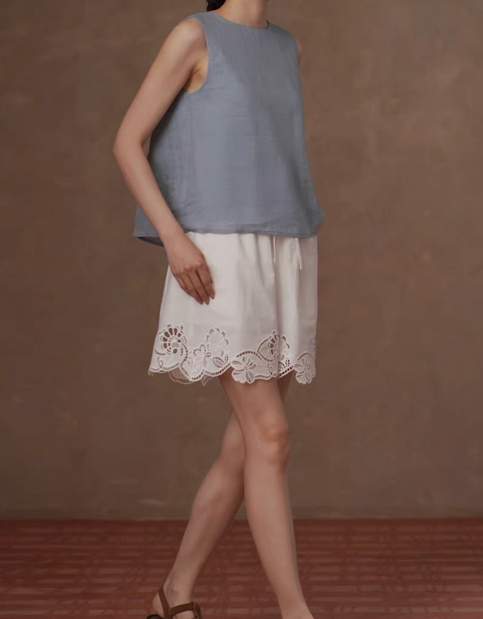 Thumbnail: Floral crochet cotton drawstring white shorts