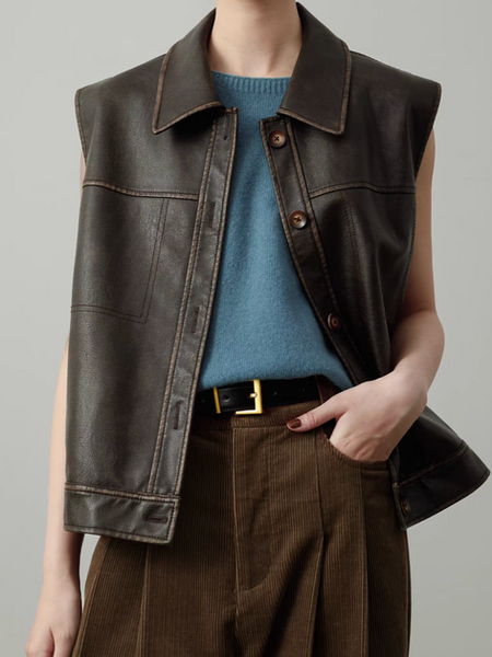 Dark brown synthetic leather buttoned polo vest