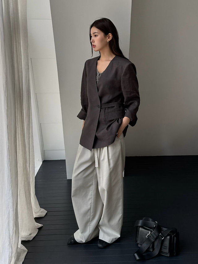 Belted linen V neck mid length jacket  3