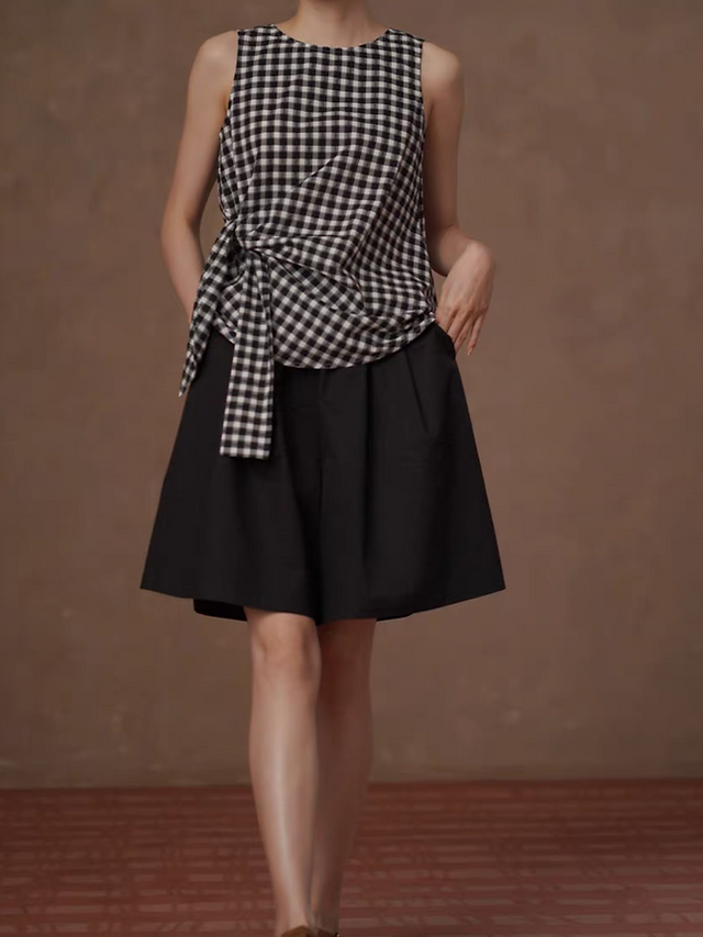 Checker side knot pure cotton back zipped vest 2