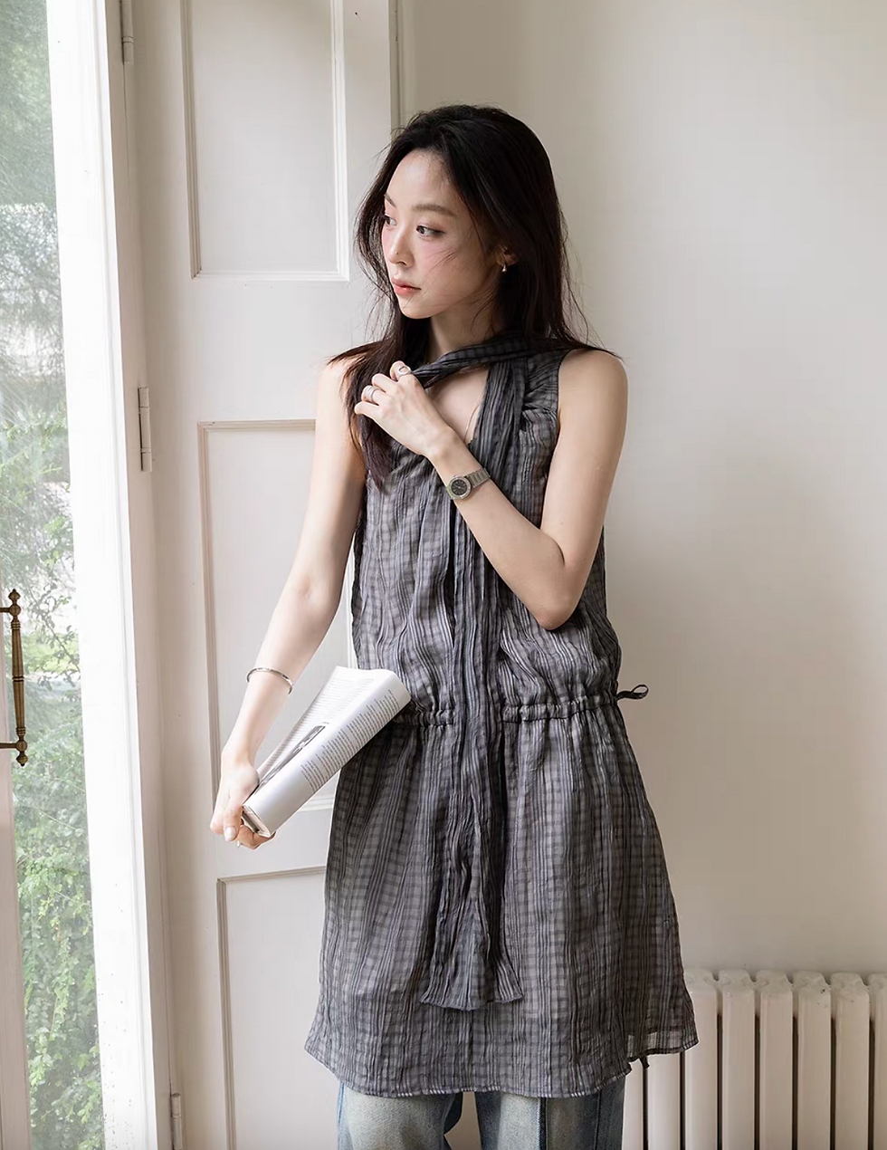 Thumbnail: Checker poly sheer charcoal collaratte +sleeveless drawstring lined dress s