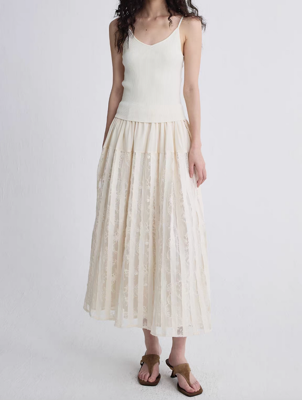 Thumbnail: Ivory layered docking lace crochet pleated poly rayon elasticated skirt
