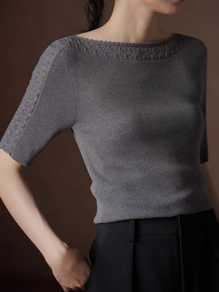 Heather grey lyocell linen knitted lace trim crochet mid sleeved top