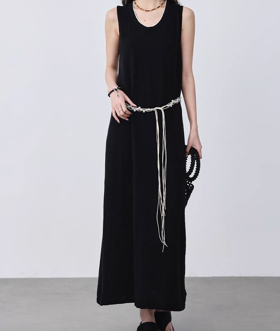 Thumbnail: Black U neck white trim knitted linen cotton sleeveless dress
