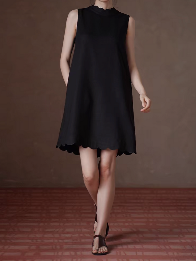 Wavy trim black lyocell linen poly sleeveless little black dress 9