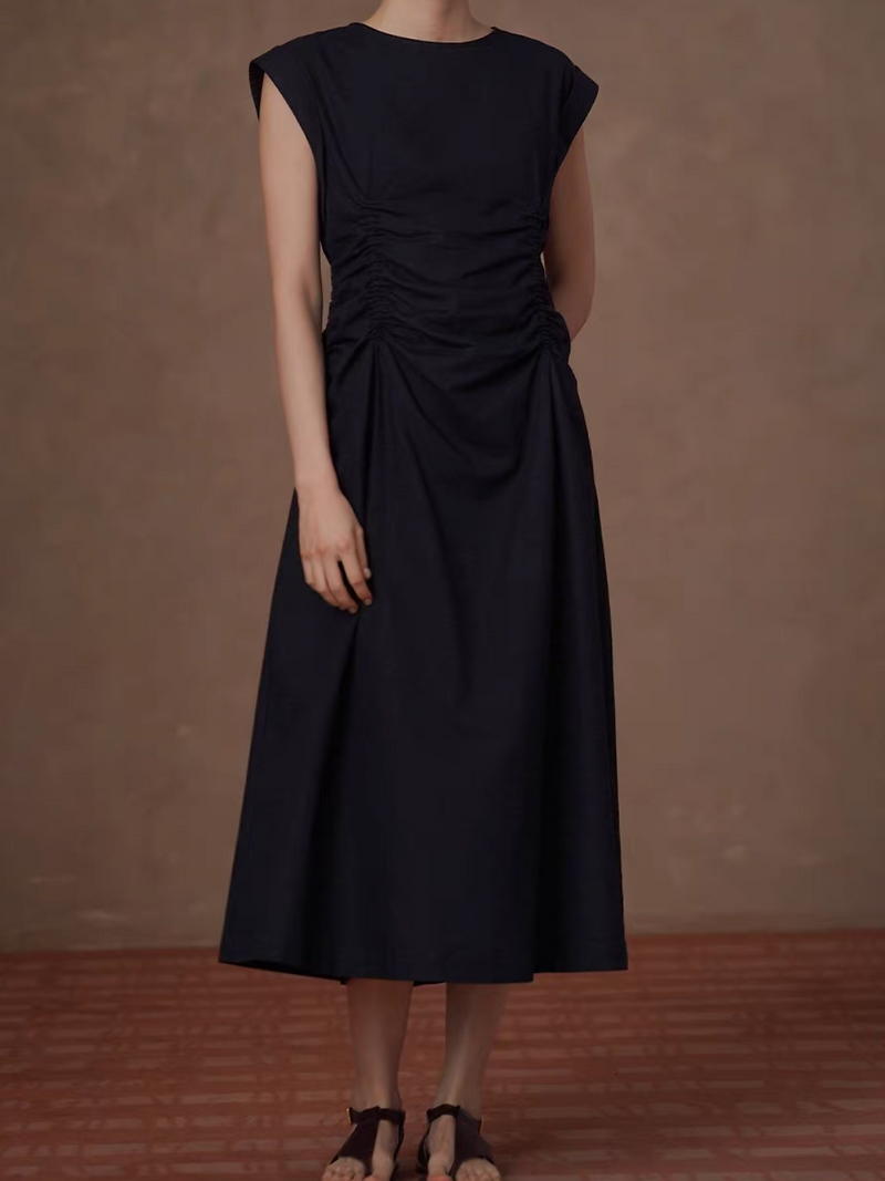 Elastic ruffles flutter sleeve cotton linen slim cut navy sleeveless dress 7