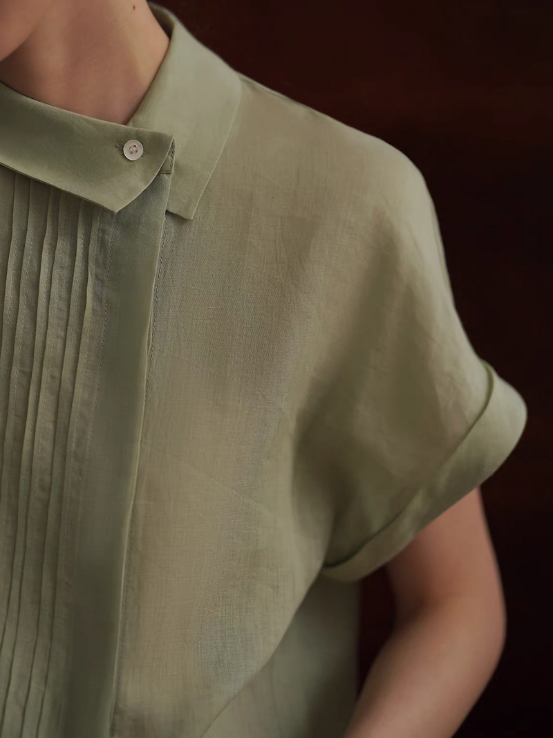 Pastel green pure linen asymmetric collar shirt 2