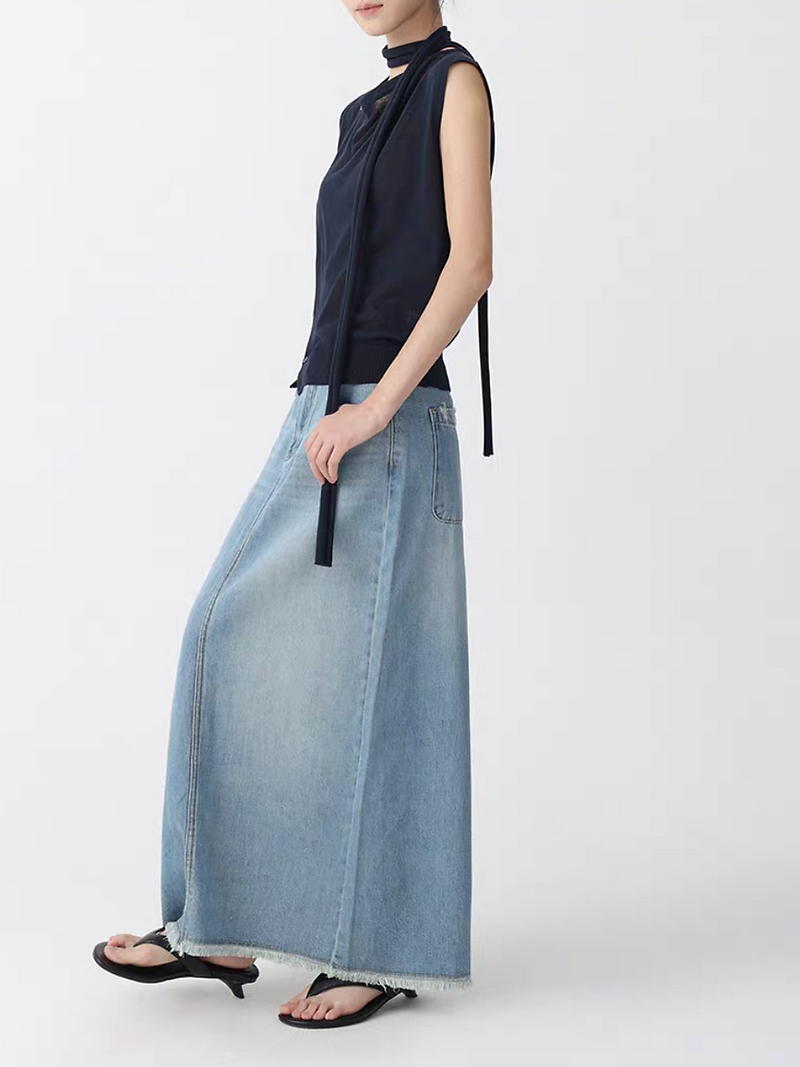 Acid washed frills trim A line back slit soft denim light blue skirt 4