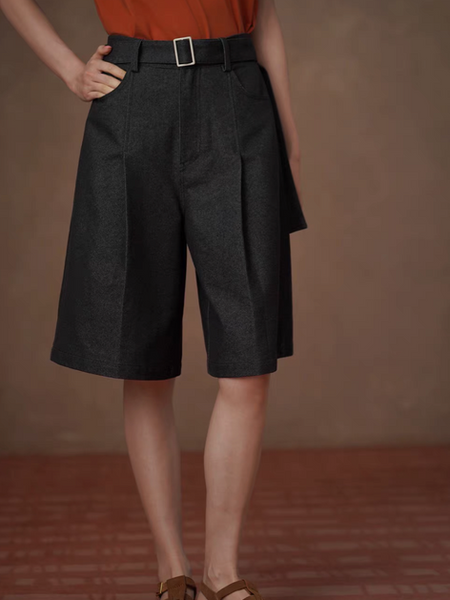 High waisted belted cotton tencel dark charcoal pleated shorts