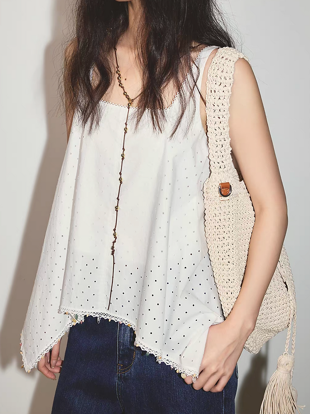 Crochet asymmetric pure cotton lace trim back knot vest 7
