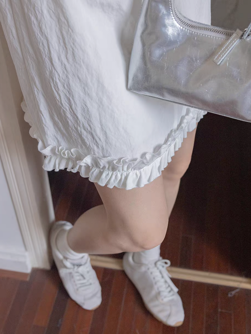 White crewneck ruffles trim rayon nylon sleeveless dress / vest 4