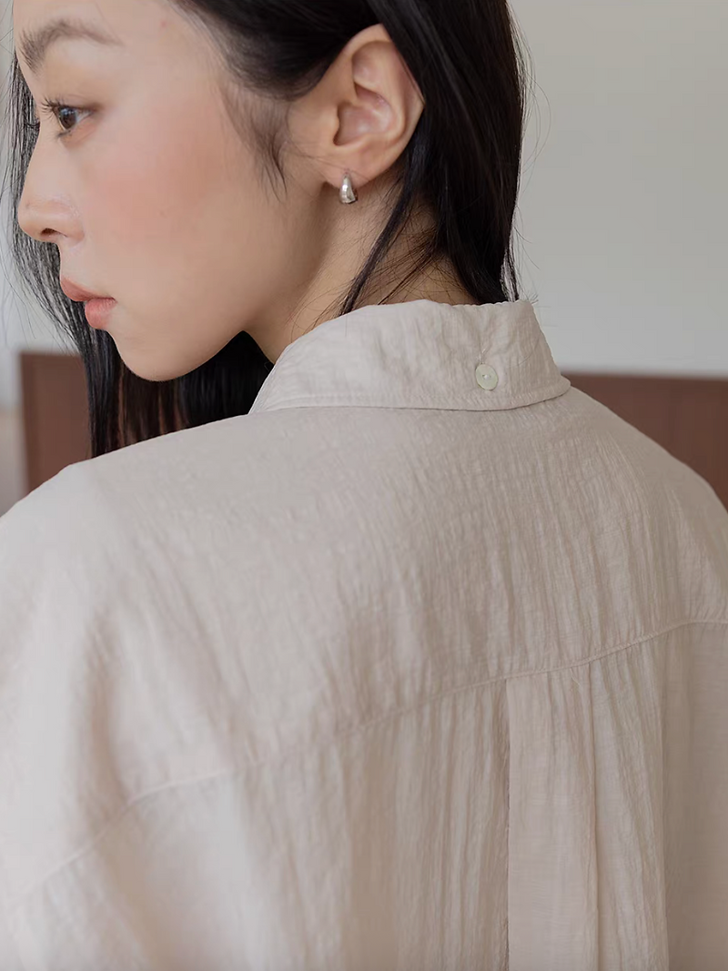 Tencel rayon double stitched trim pockets back buttoned sheer shirt 6