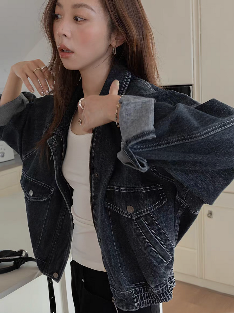 Acid washed dark navy denim polo two way denim jacket 7