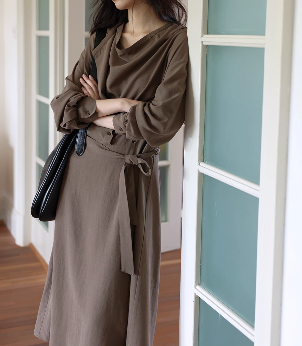 Thumbnail: Mocha brown cotton rayon belted drape dress