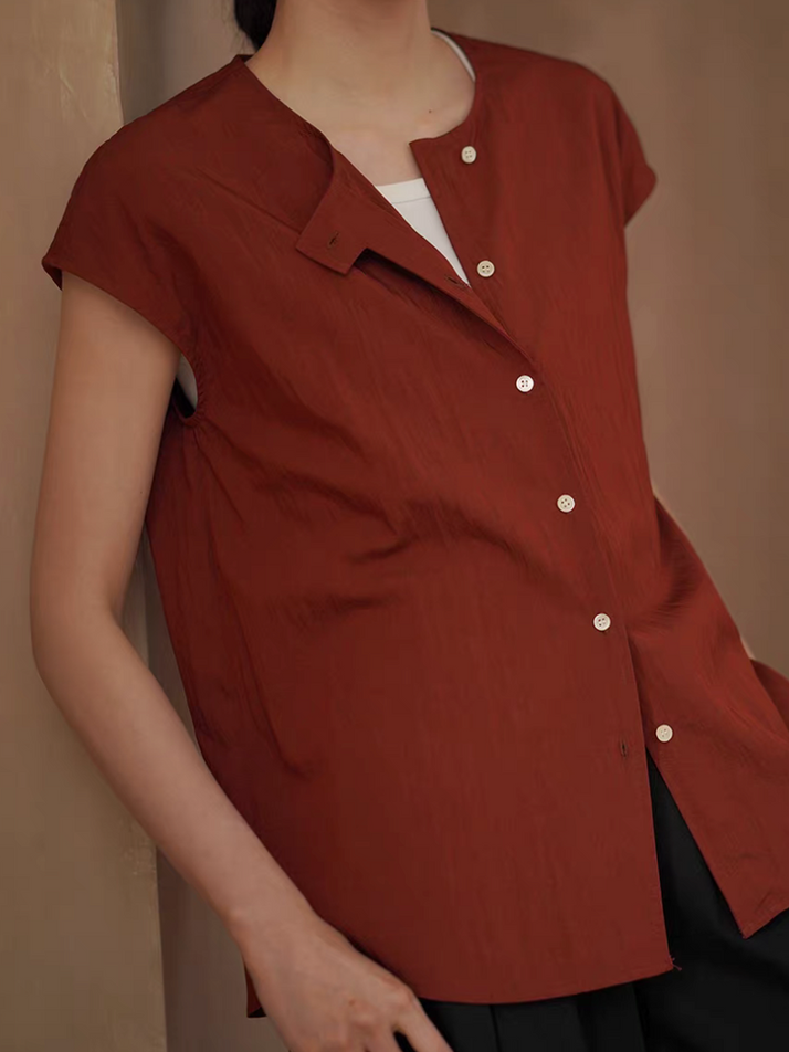 Poly rayon buttoned flutter sleeves brick red blouse 7