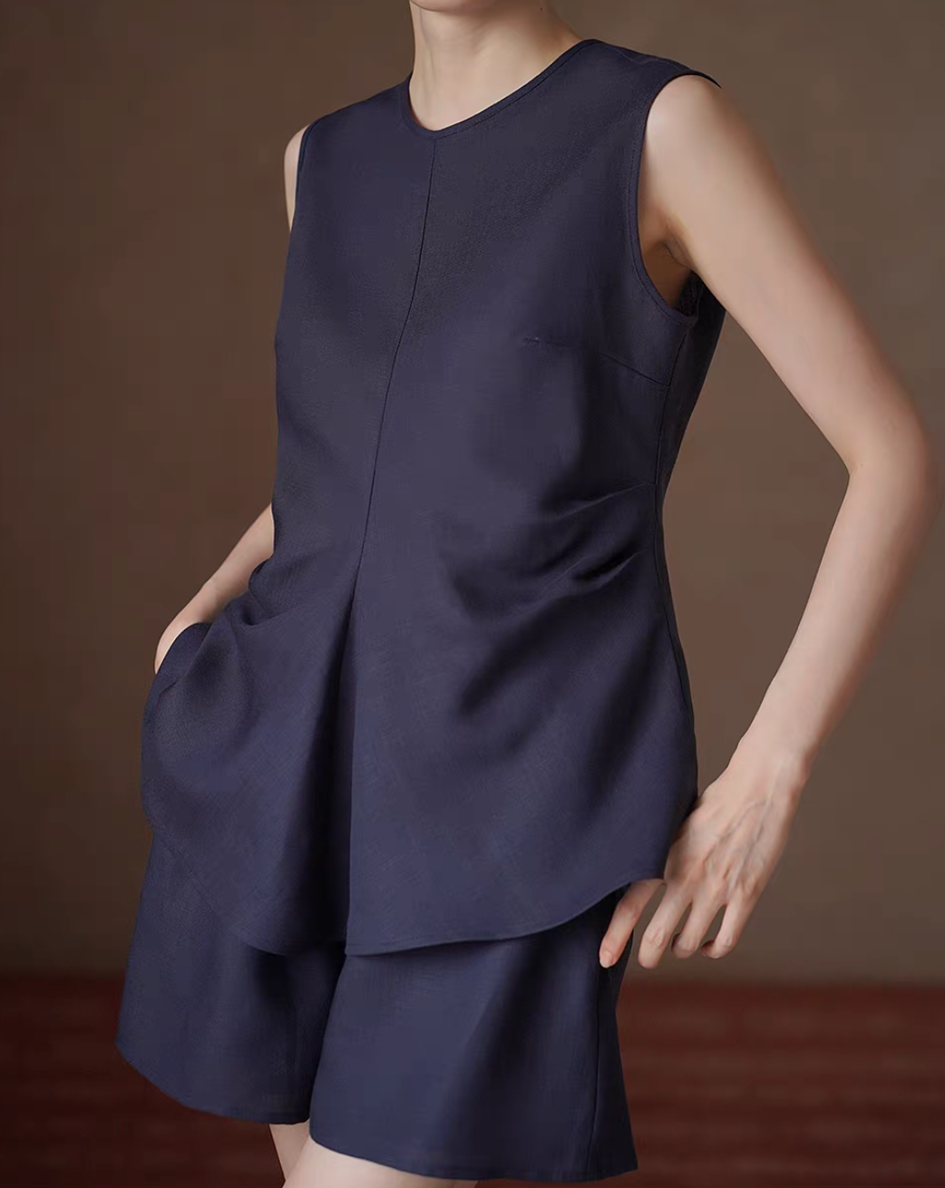 Navy lyocell linen back buttoned side pleated vest + shorts set