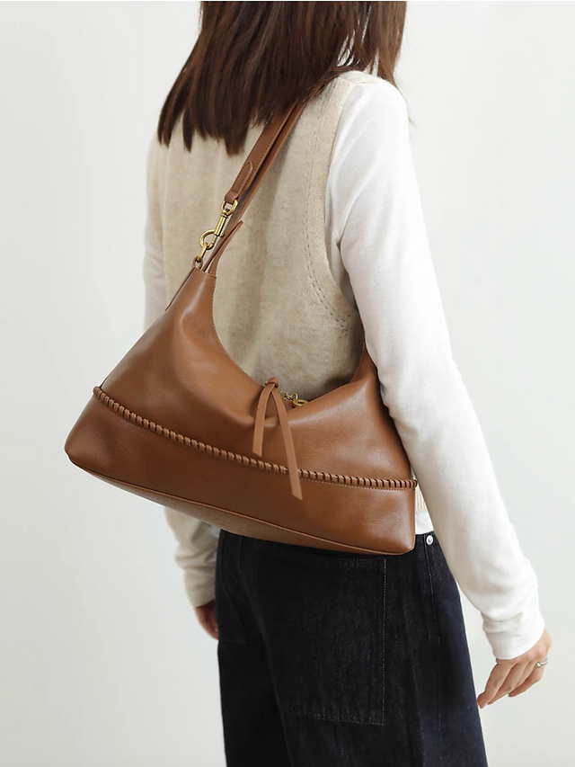 Calf leather weave trim matte circle charm zipper drape shoulder + crossbody bag 11