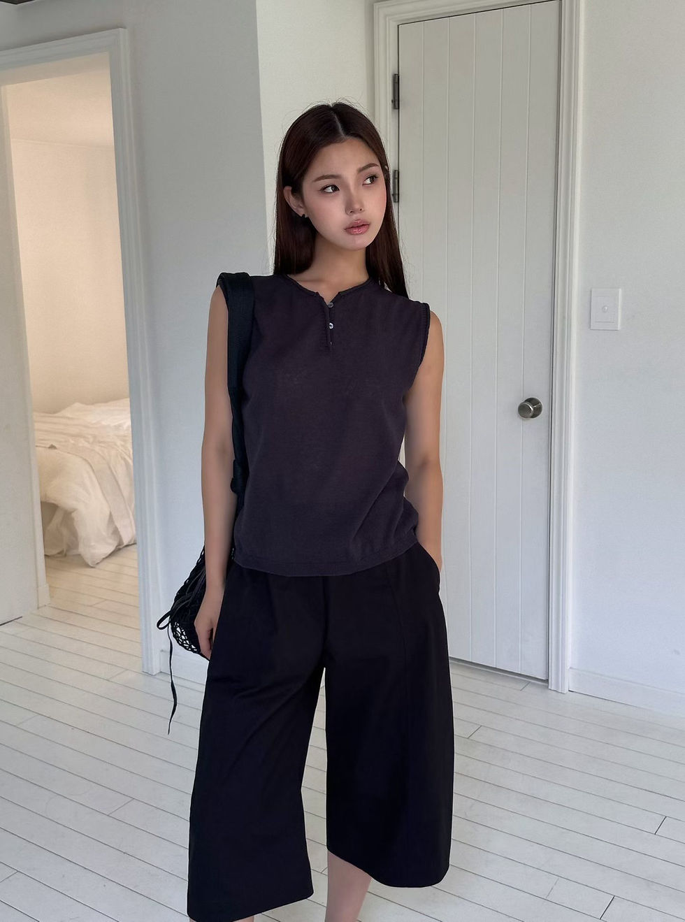 Thumbnail: Buttoned crewneck cotton poly knitted vest 