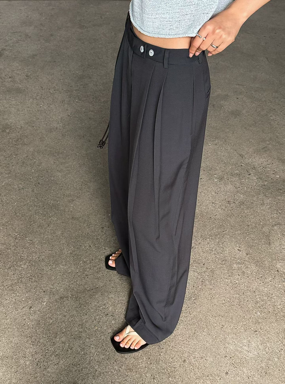 Thumbnail: Side double buttoned strap pleated linen rayon straight leg pants 